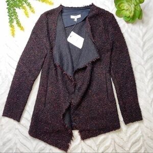 IRO Campi Wool Blend Boucle Cascading Open Front Jacket Cardigan Black Burgundy
